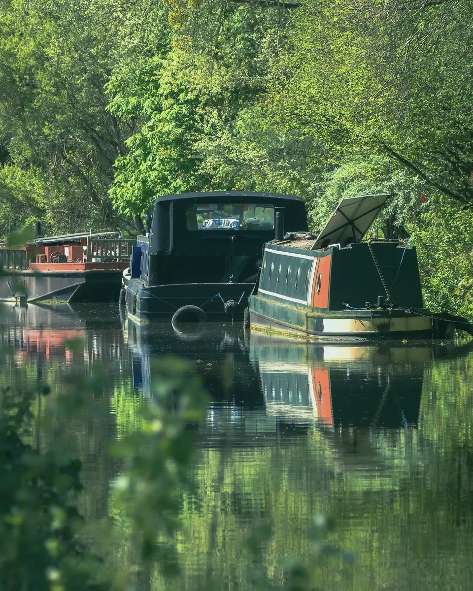 Two dark-hulled narrowboats moored in dappled shade under trees